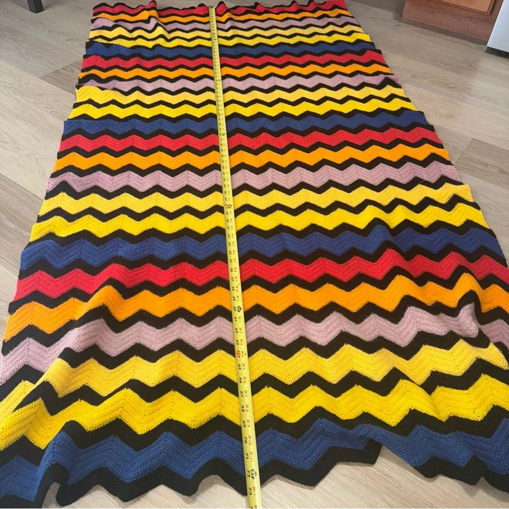 Vintage 70s Colorful Chevron Crochet Throw Blanket